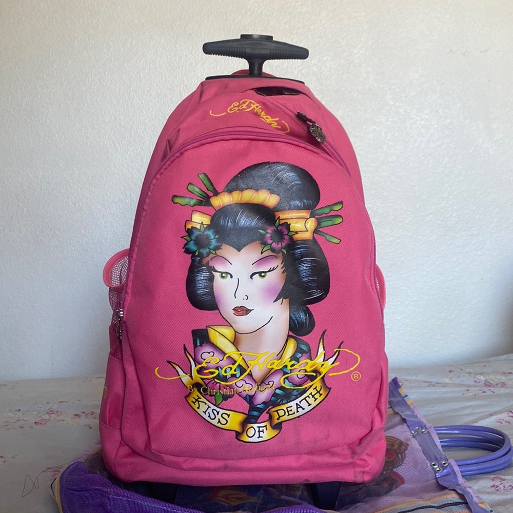 Ed Hardy pink Geisha roller backpack💕